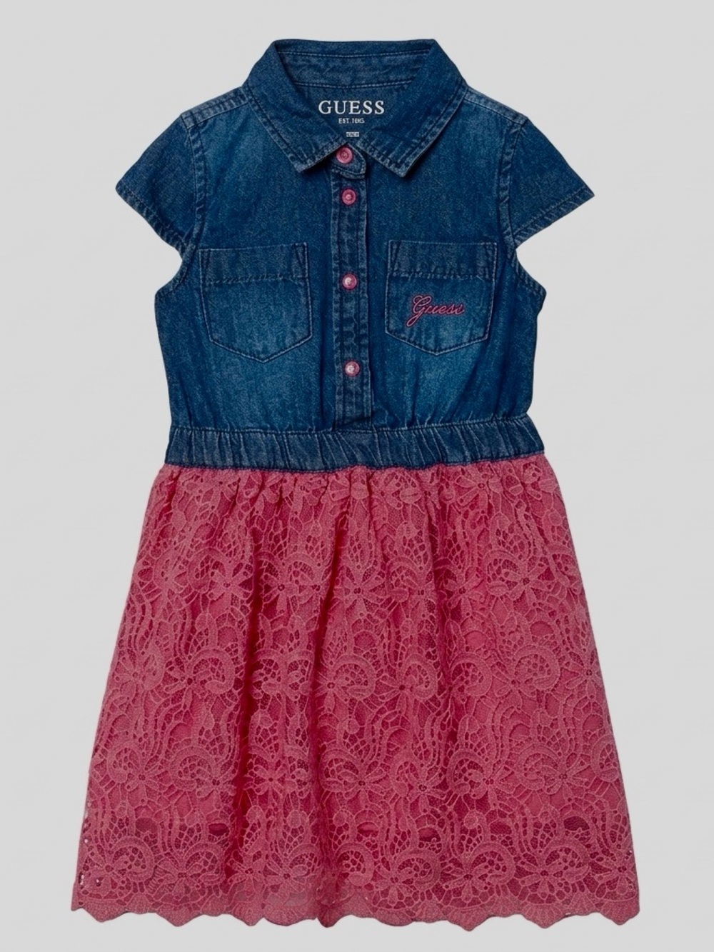 GUESS Toddler Girl Denim Pink Lace Dress 24M
